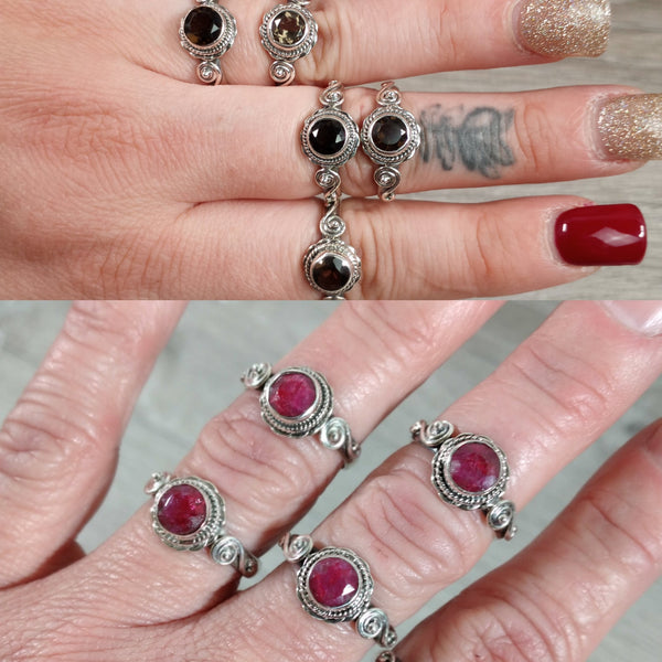 smoky quartz and ruby hippie style sterling silver rings