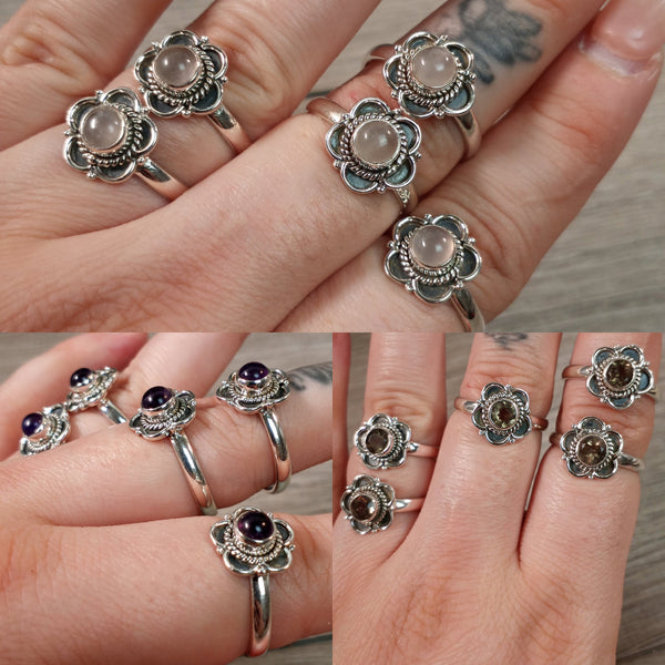 rose quartz amethyst and smoky quartz sterling silver rings with a boho flower front