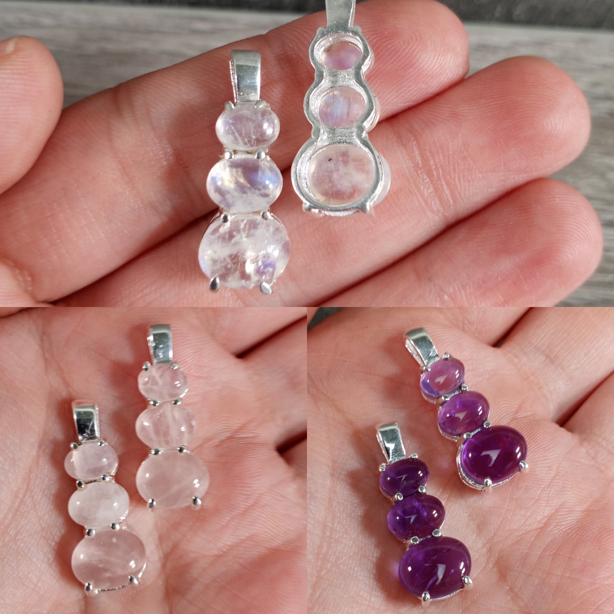 rainbow moonstone rose quartz and amethyst 3 stones of the same type increasing in size sterling silver pendants