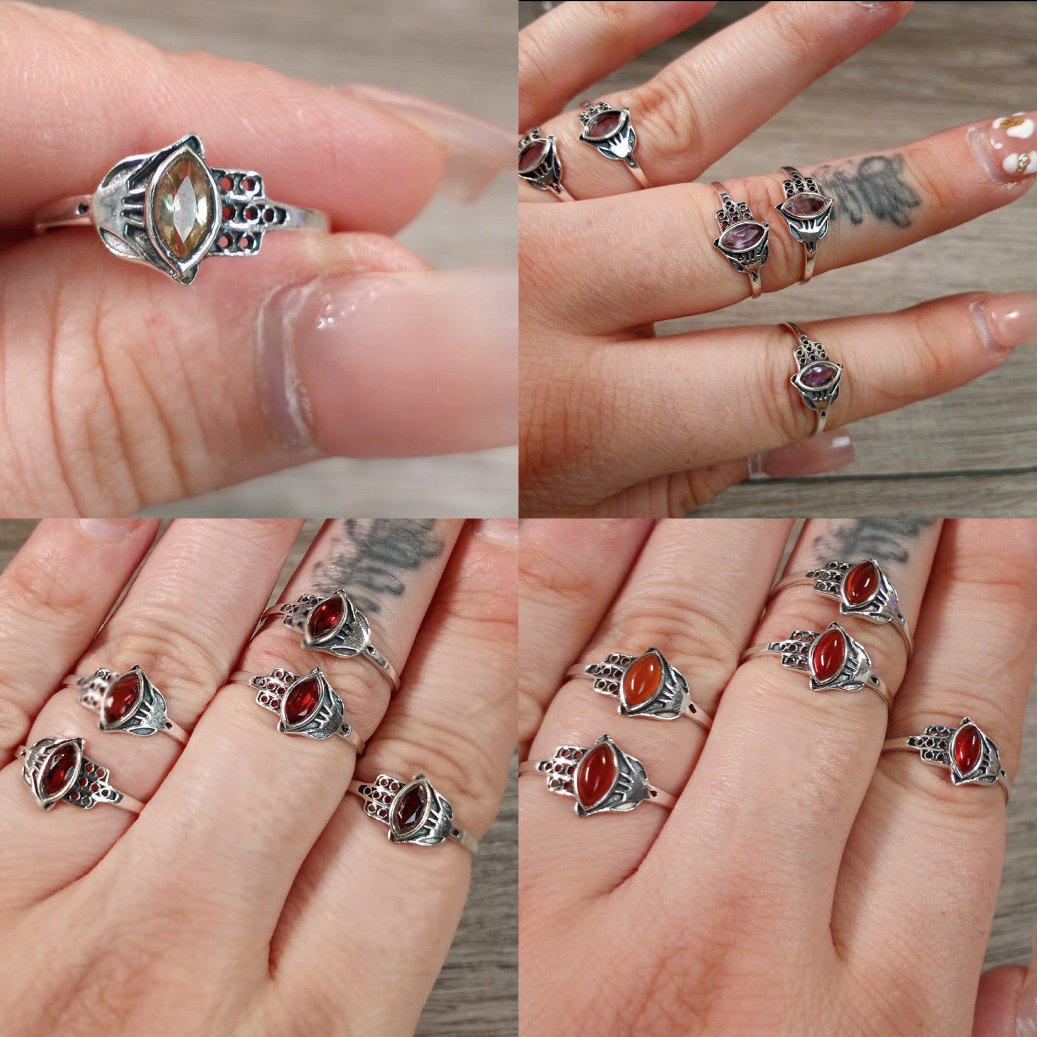 citrine amethyst garnet and carnelian hamsa hand rings in sterling silver