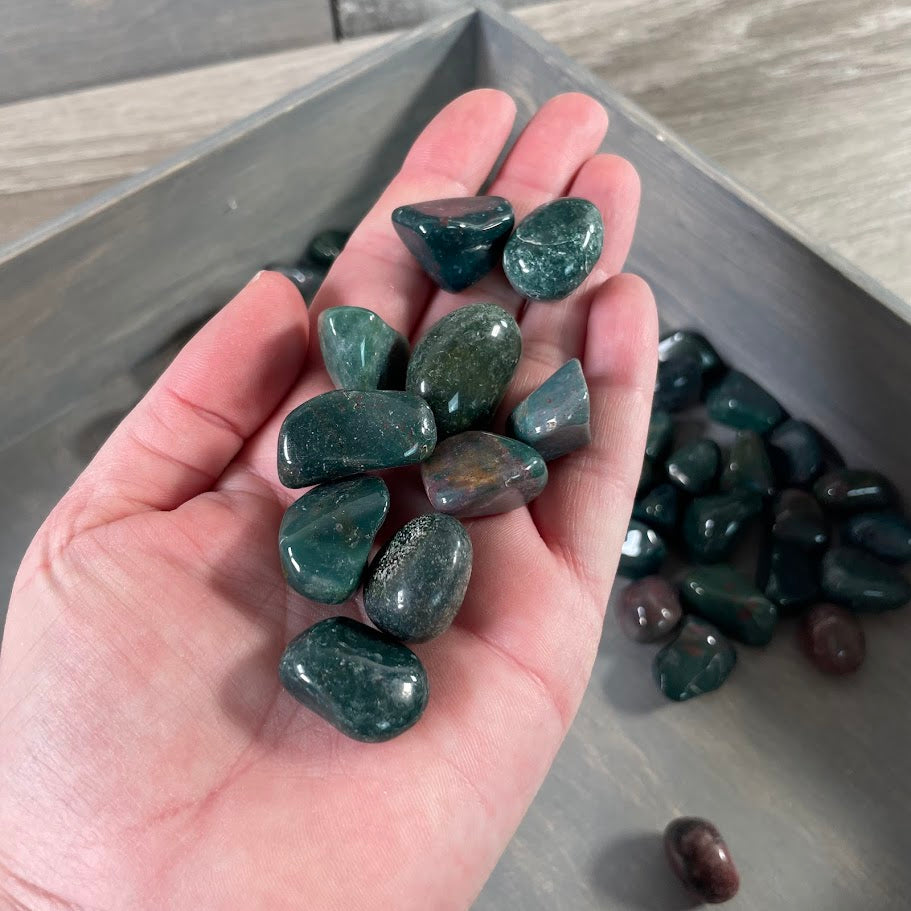 Bulk Bloodstone tumbled stones from India – green and red polished crystals