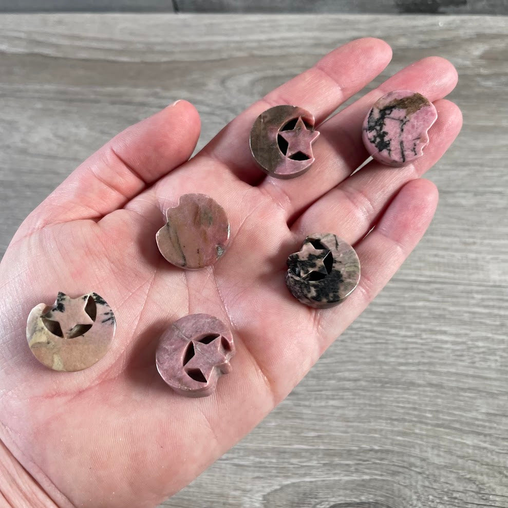 Pink crescent moon with star carvings for rock shops