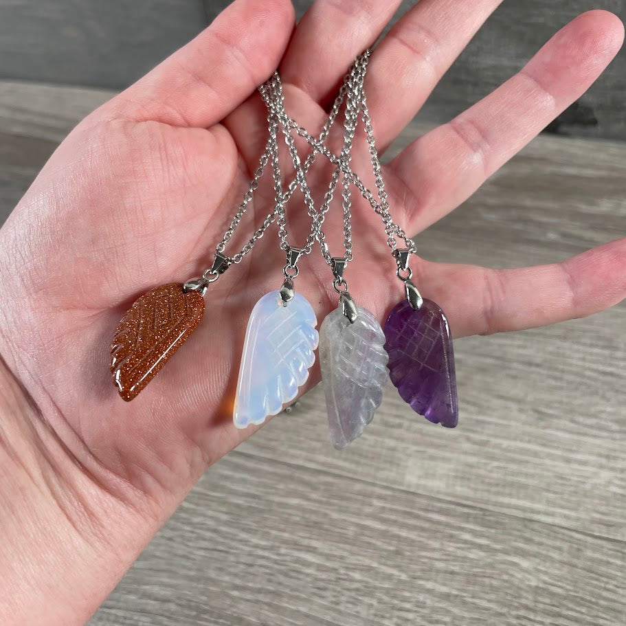 Assorted gemstone angel wing pendants on stainless steel chains wholesale jewelry