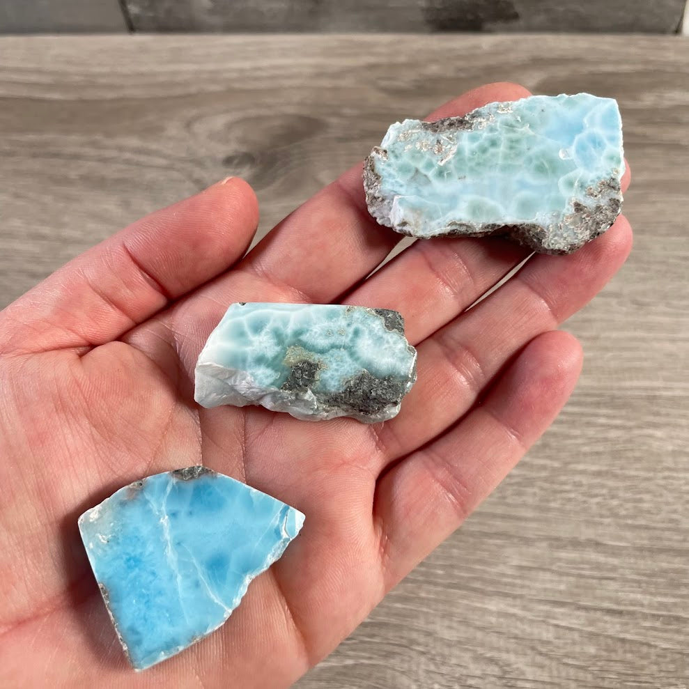 Larimar front polished slab with natural blue and white Caribbean patterns