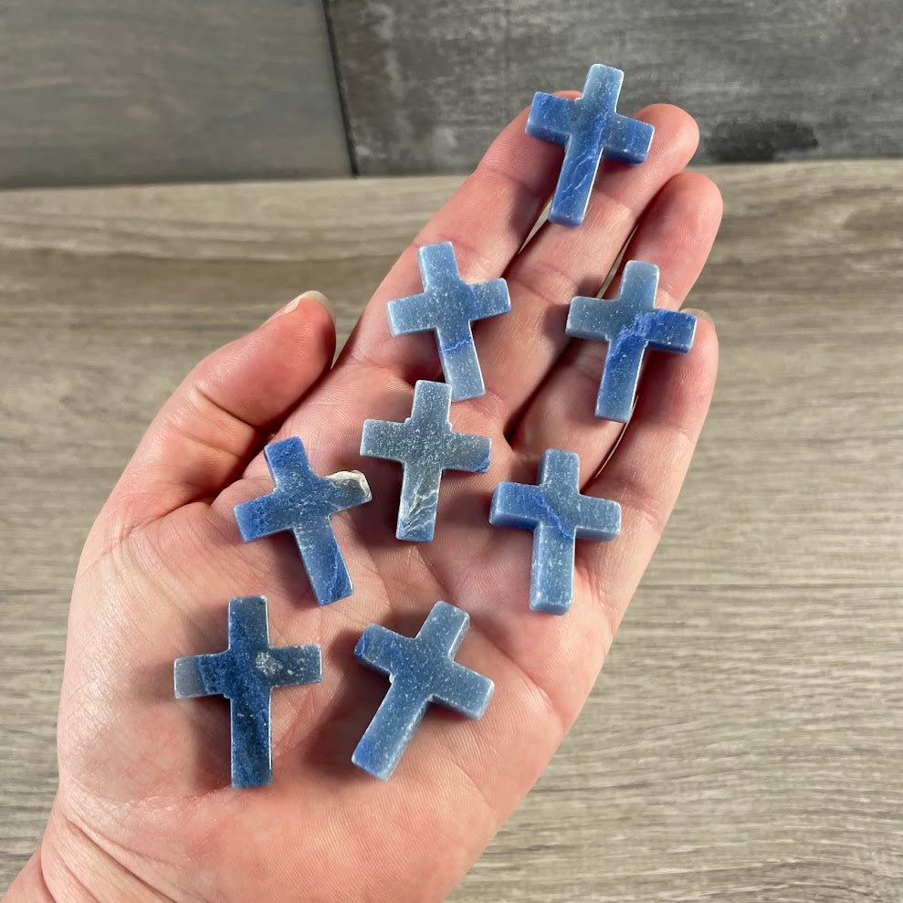 Blue quartz healing crystal cross decor retail display