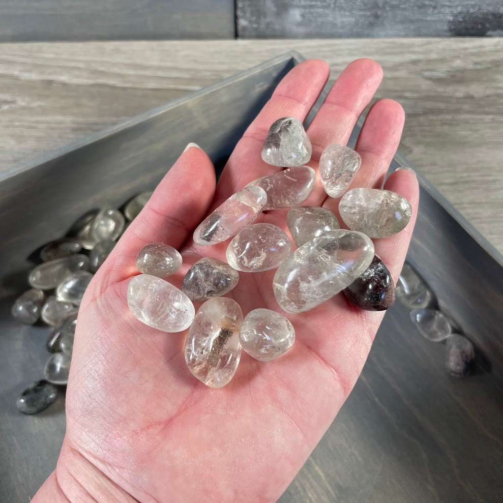 Clear quartz with green chlorite inclusions tumbled 1 pound lots