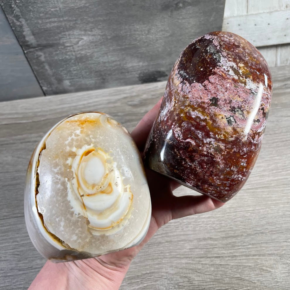 Mixed polished gemstone freeforms sold by the ounce for crystal shops and retailers
