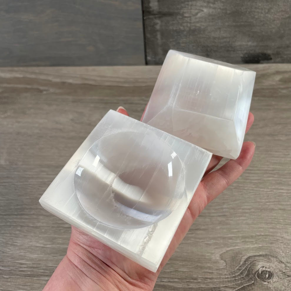 square white crystal bowl selenite