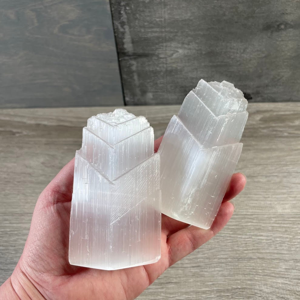 White selenite obelisk crystal tower standing point
