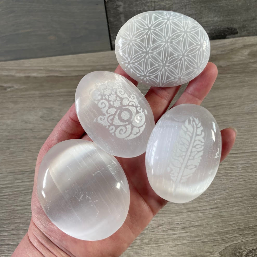 Selenite Palm Stones – Polished Healing Crystals
