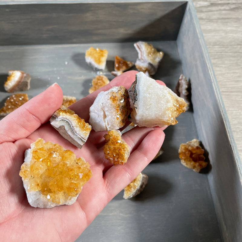 Raw citrine clusters in vibrant purple hues, displayed in a 1-pound lot.