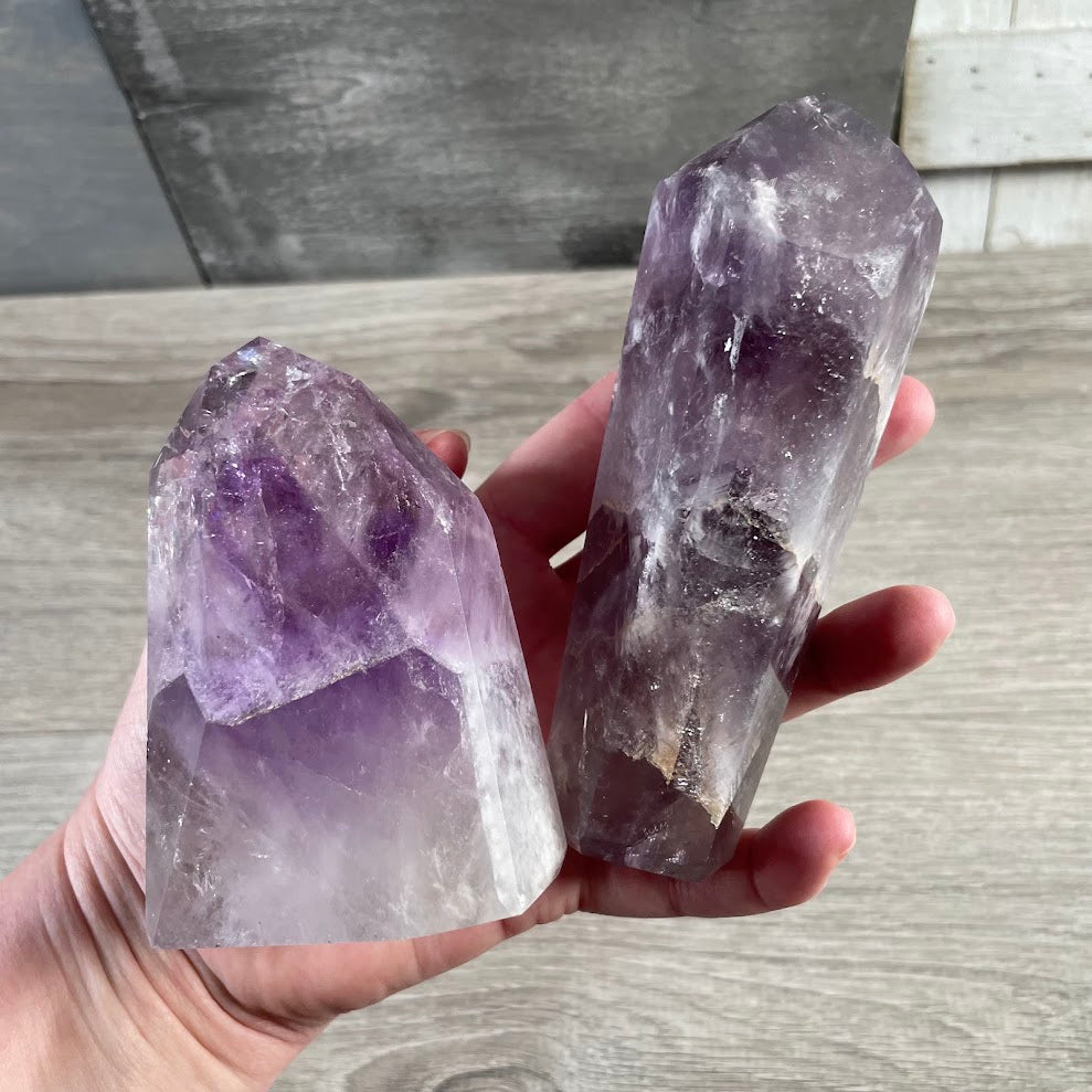 Amethyst Polished Brazilian crystal obelisks in mixed natural stones for metaphysical shop resale