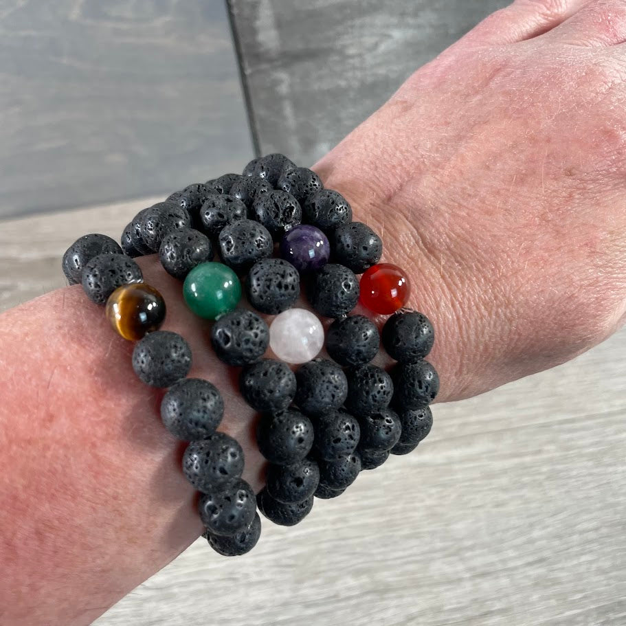 wholesale lava rock bracelet featuring assorted healing crystal beads