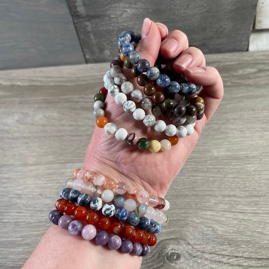 8mm Round Gemstone Beaded Bracelets – Assorted Crystals Bulk