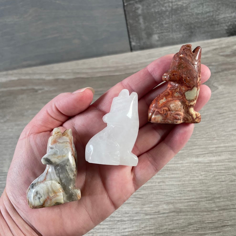 Stone coyote figurine carved from natural gemstone for Southwestern and wildlife décor