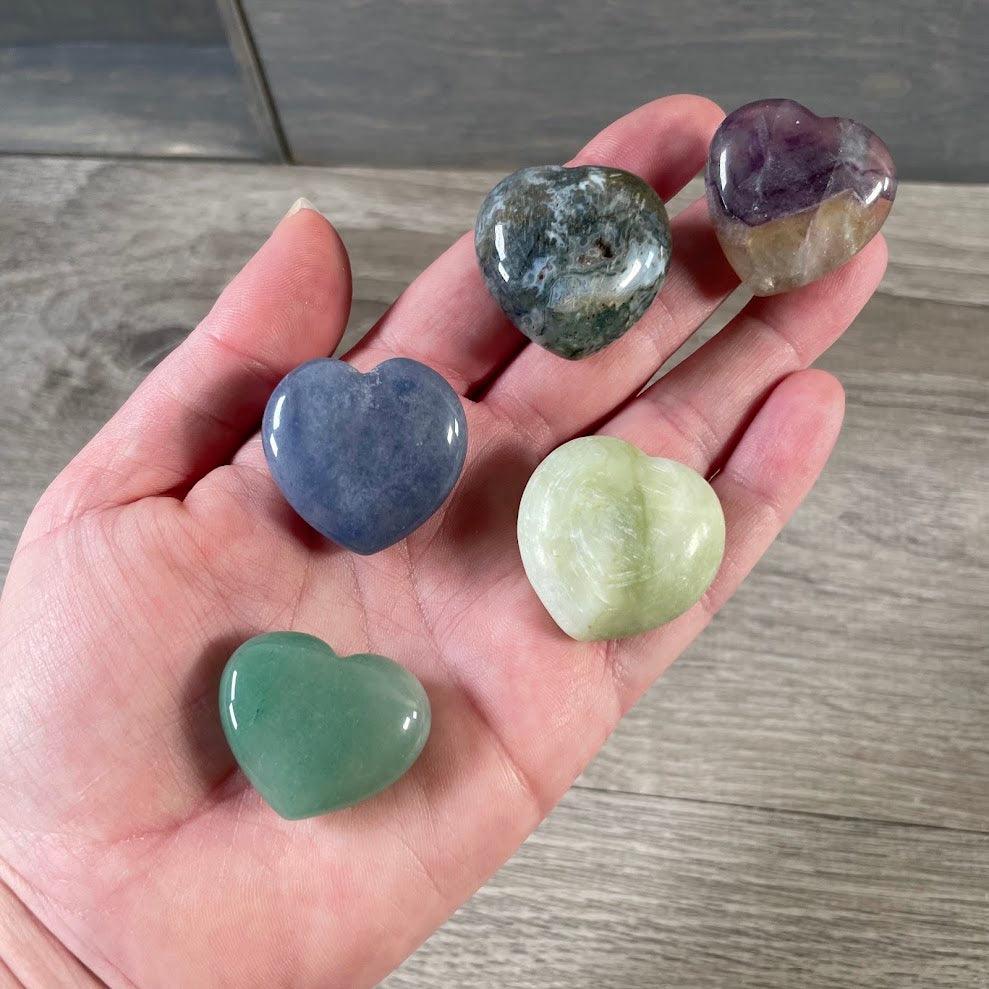 Assorted gemstone puffy pocket hearts in polished crystal varieties for wholesale crystal shops