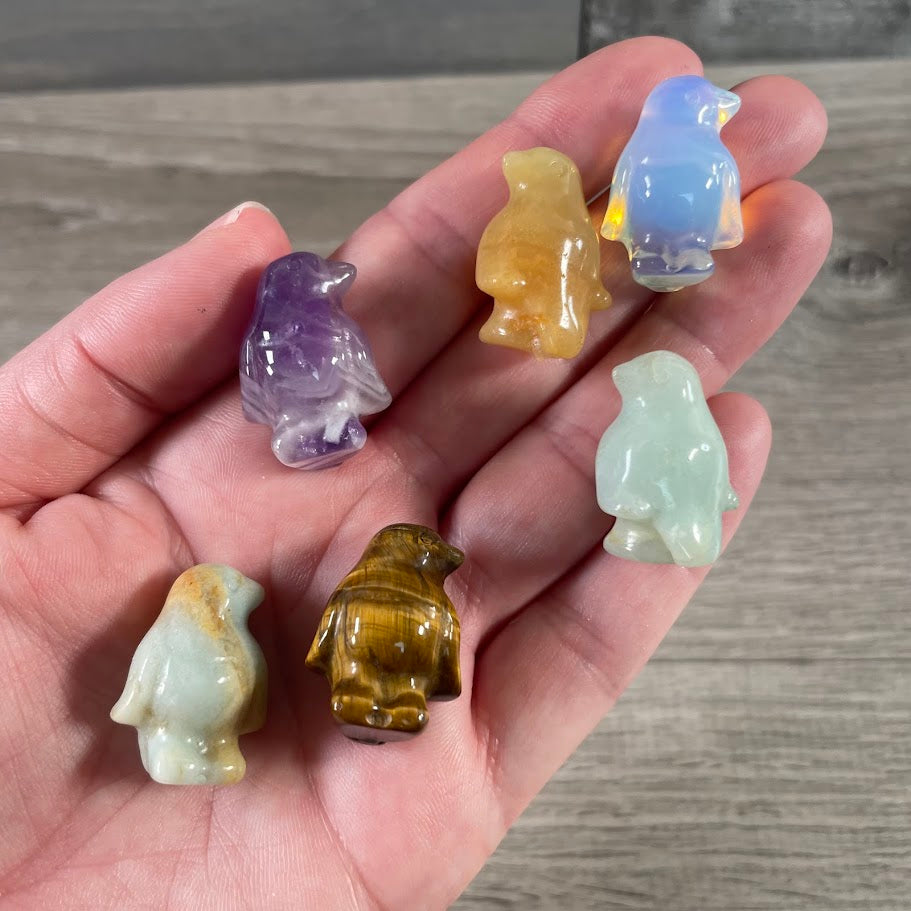 Assorted small carved gemstone penguin figurines for metaphysical shops