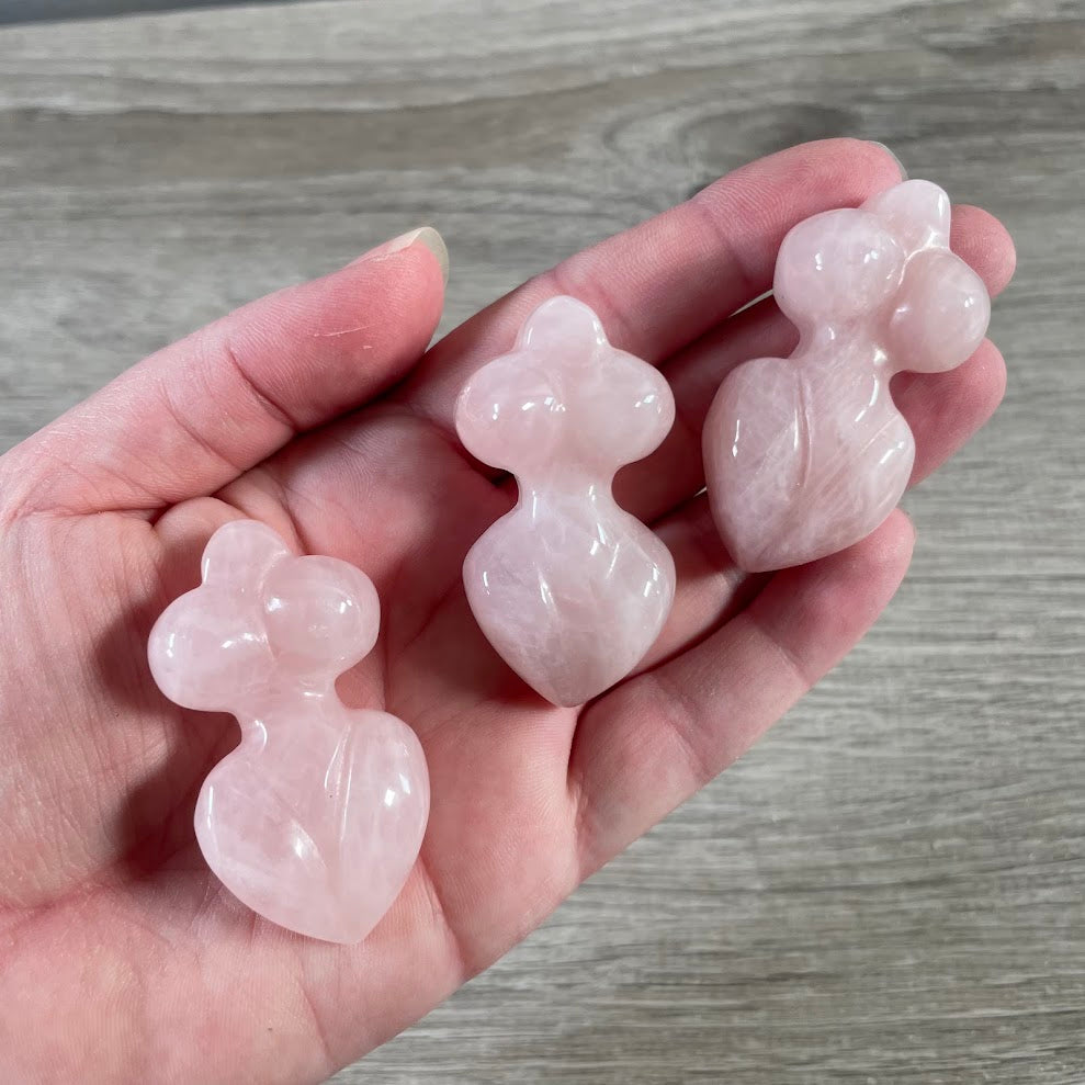 Rose Quartz carved gemstone goddess figures for metaphysical shops, meditation displays, and wholesale resale