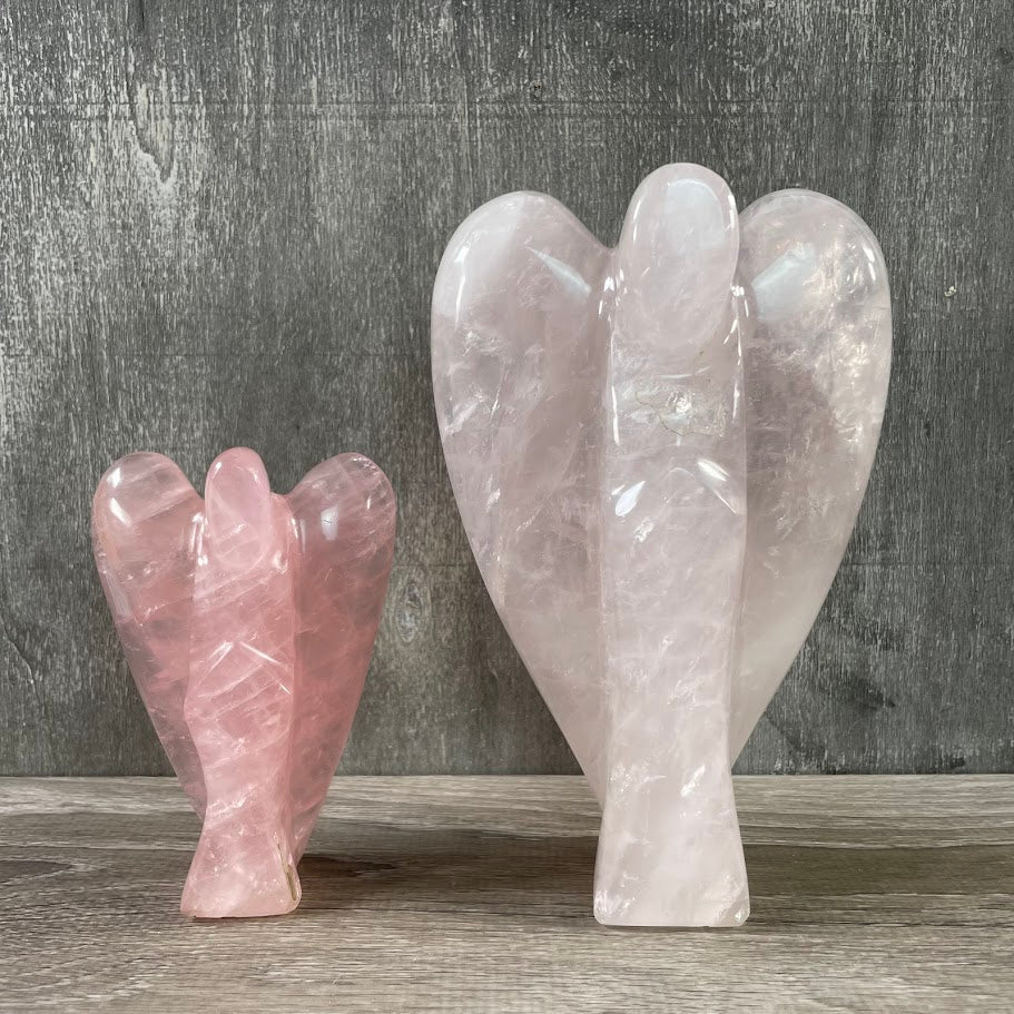 Lot of 2 rose quartz angels standing facing forward. 