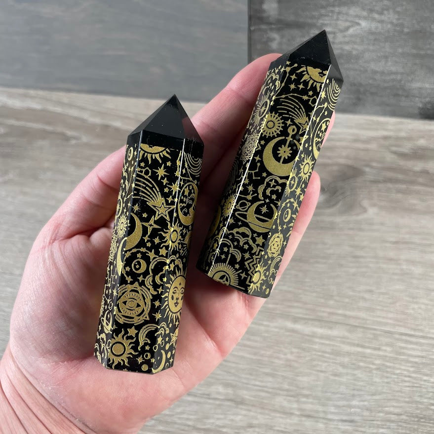 Black Obsidian Etched Obelisk – Assorted Styles