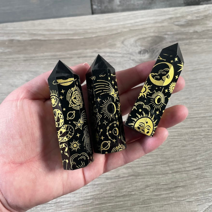 Black Obsidian Etched Obelisk – Assorted Styles