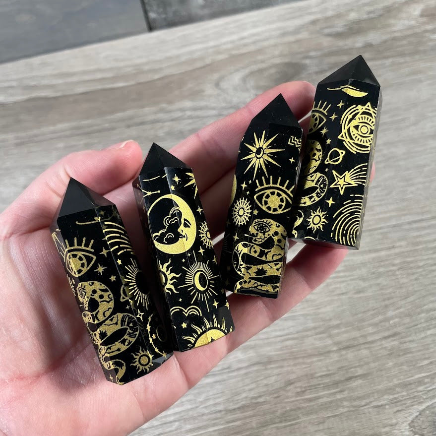 Black Obsidian Etched Obelisk – Assorted Styles