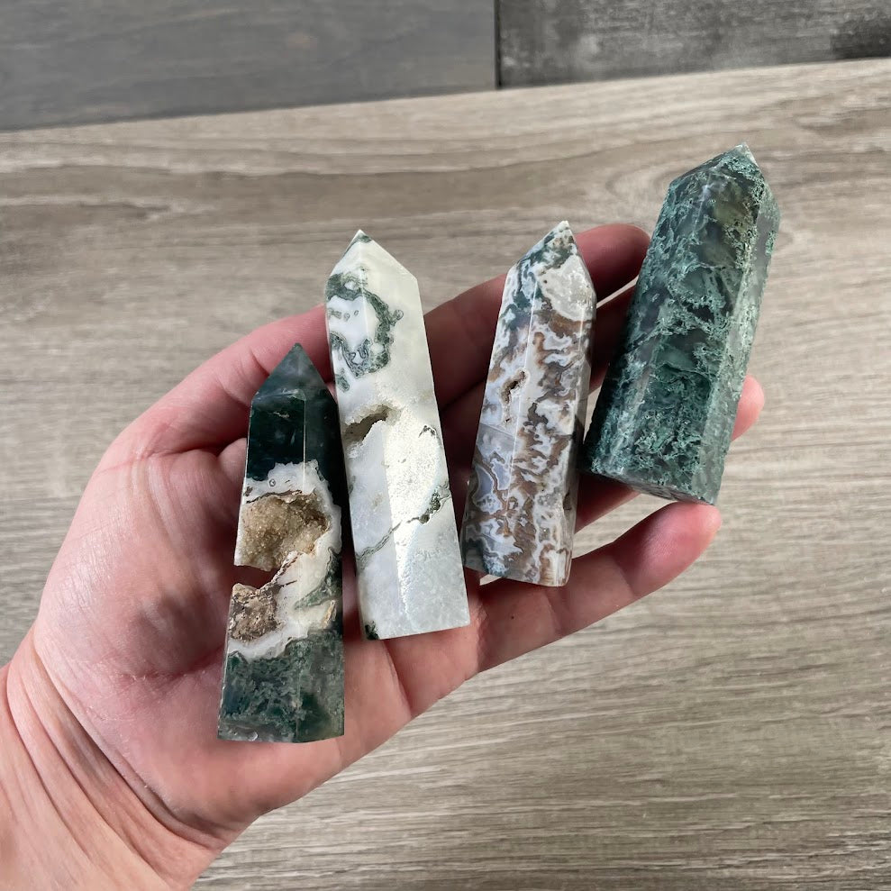 moss agate crystal towers for yoga shops