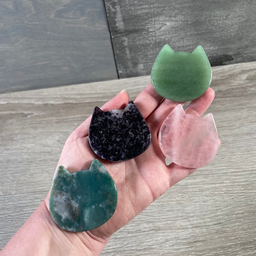 Assorted Gemstone crystal cat face carving for boutique displays, gift shops, and crystal collectors