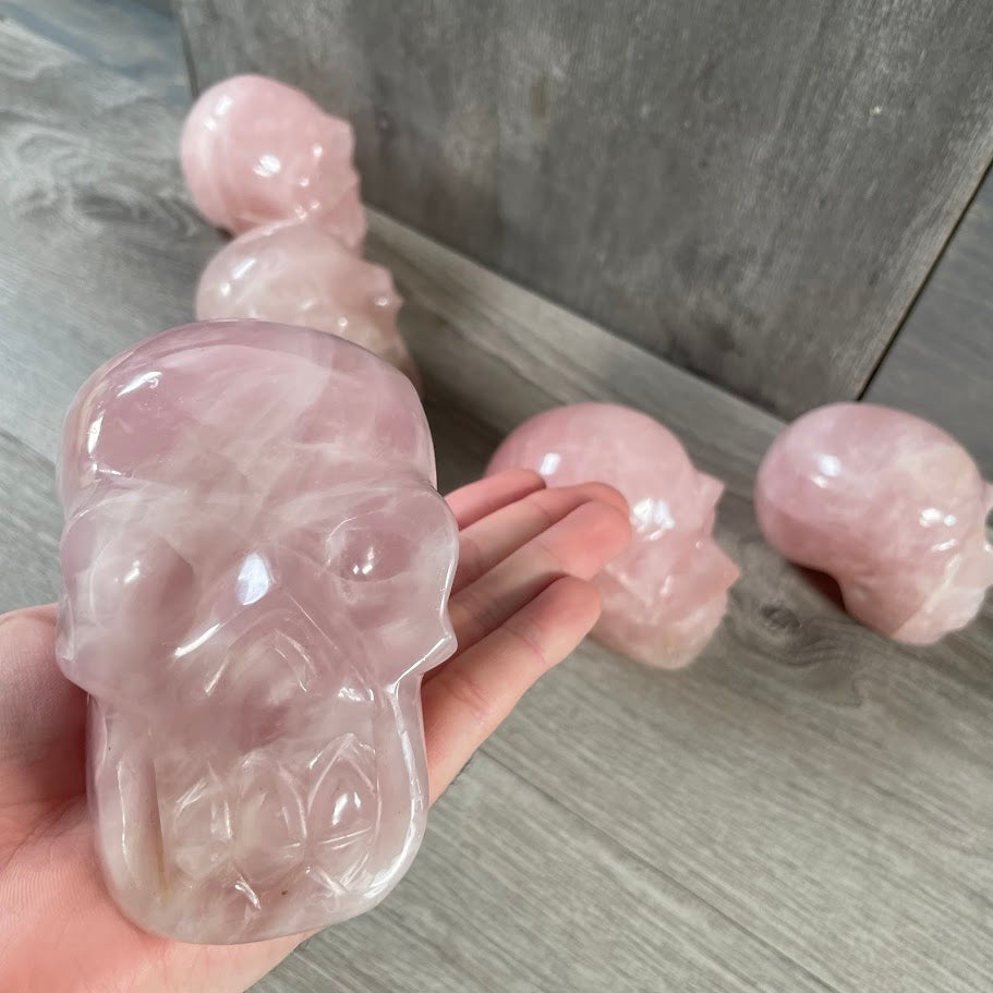 Close up of rose quartz skull with other rose quartz skulls in the background. 