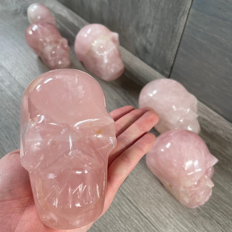 Close up of rose quartz skull with other rose quartz skulls in the background. 