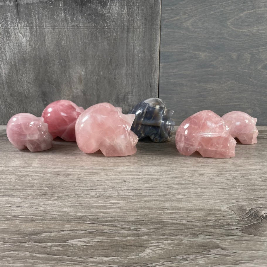 Lot of five rose quartz and one Botswana agate skull, facing sideways. 