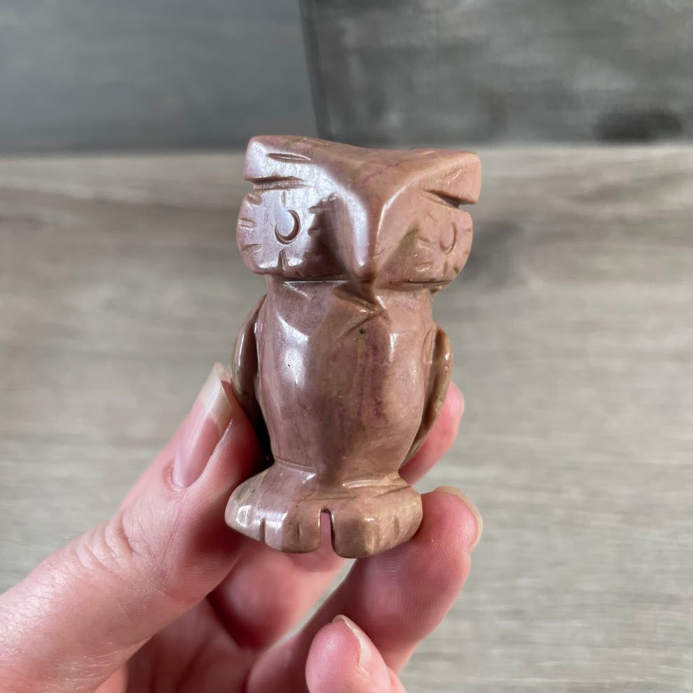 Rhodonite gemstone owl décor piece for spiritual and metaphysical shops