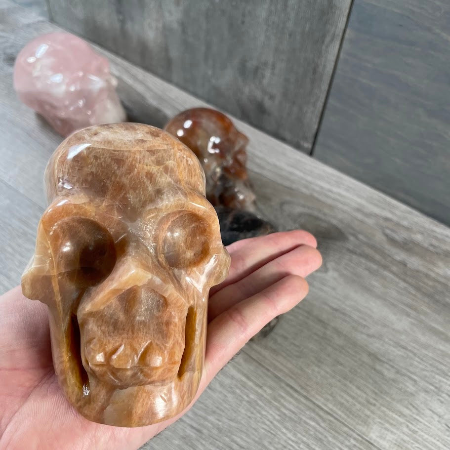 Close up of peach moonstone skull with other skulls in the background. 
