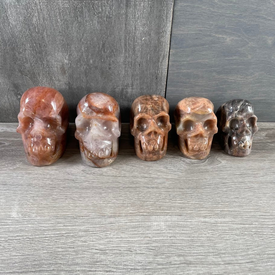 Lot of two hematoid quartz skulls, two peach moonstone skulls, and one black moonstone skull; facing forwards. 