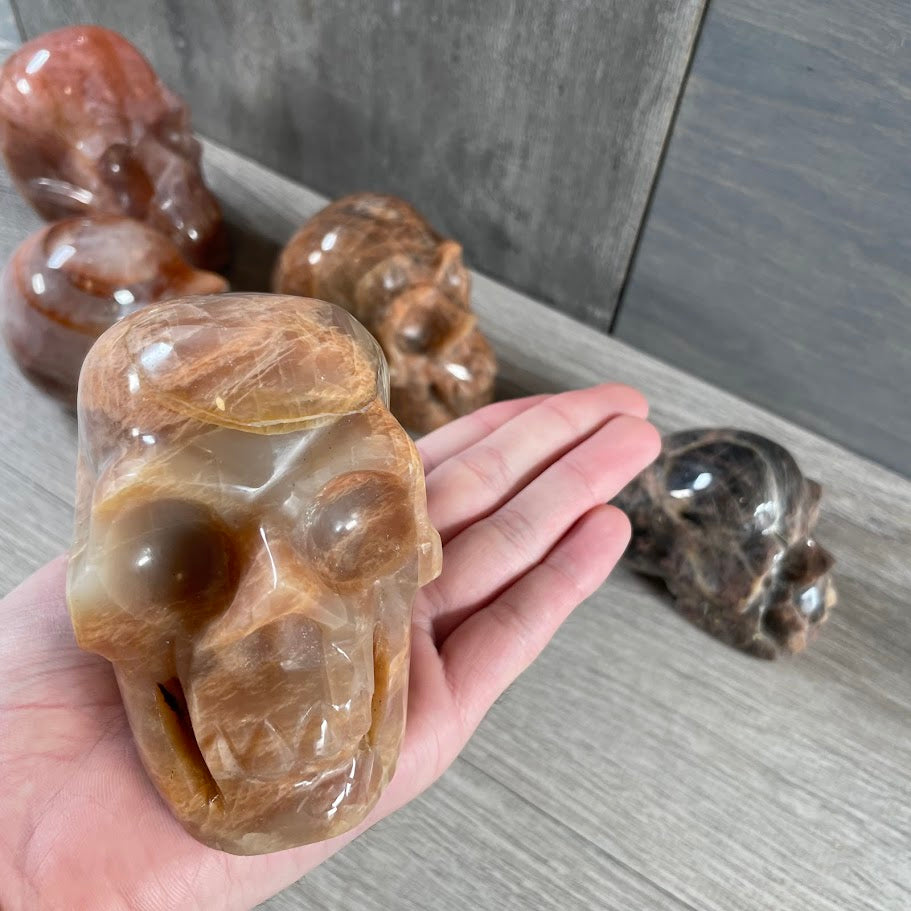 Close up of peach moonstone skull with other skulls in the background. 