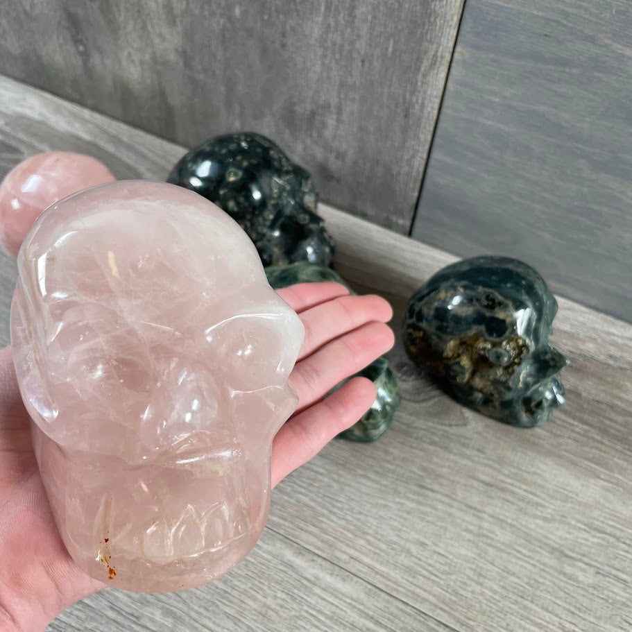 Close up of rose quartz skull with other skulls in the background. 