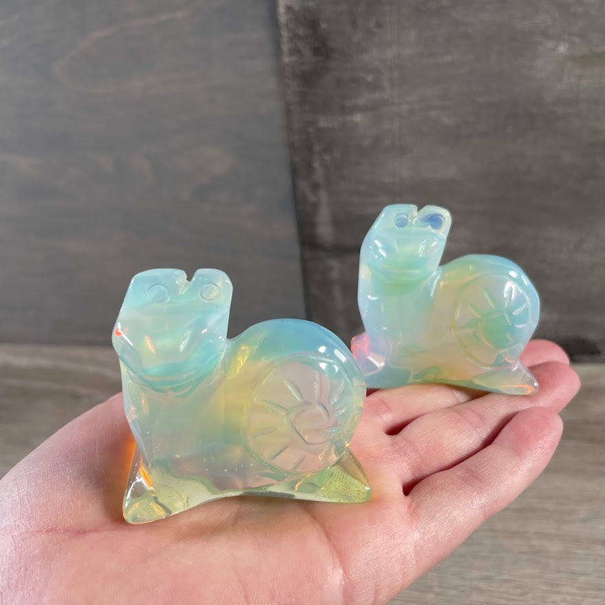 Opalite snail carved figurine for altar decor, fairy gardens, and gifts
