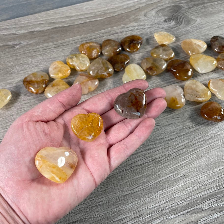 Golden healer bulk crystals for retailers, hearts