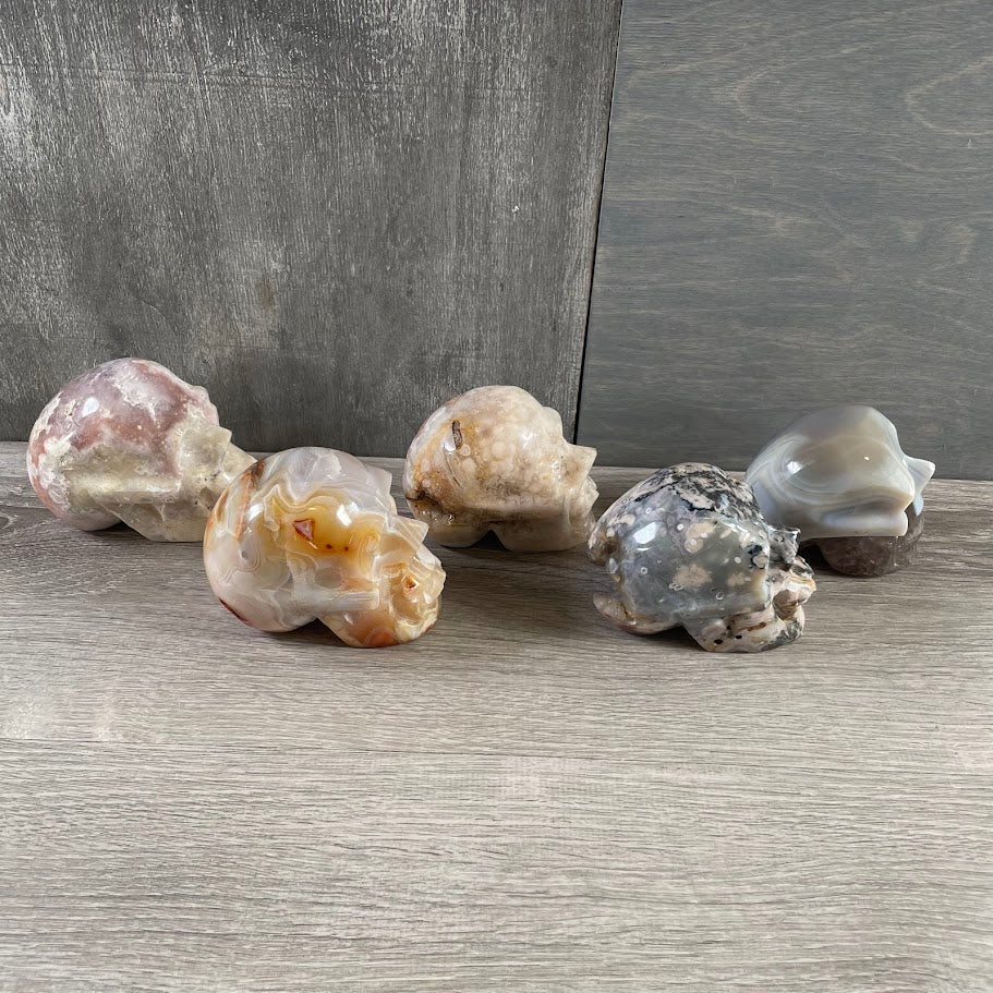 Lot of three quartz skulls and two agate skulls; facing sideways.