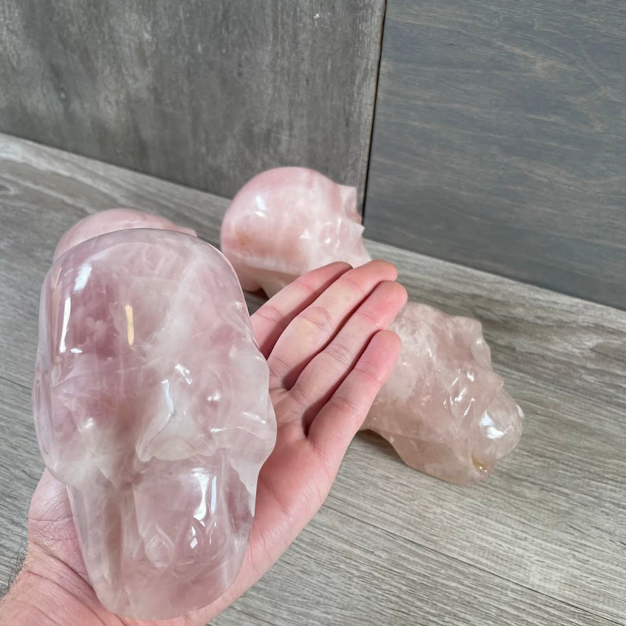 Close up of rose quartz skull with other rose quartz skulls in the background. 