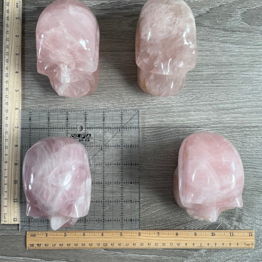 Lot of four rose quartz skulls with grid and rulers for size reference. 