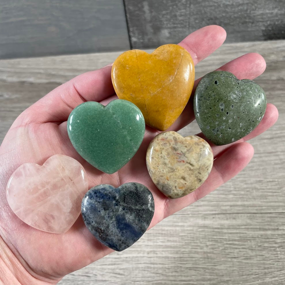 Assorted large crystal hearts in mixed gemstone varieties, bulk wholesale