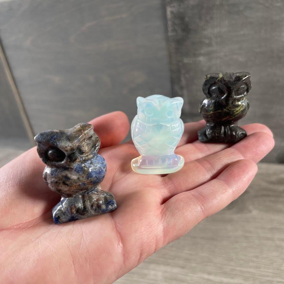 Assorted stone owl figurines for metaphysical decor and displays