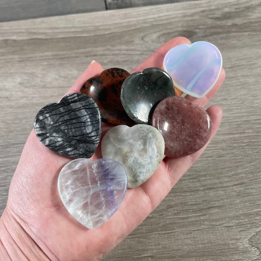assorted gemstone heart crystals in bulk