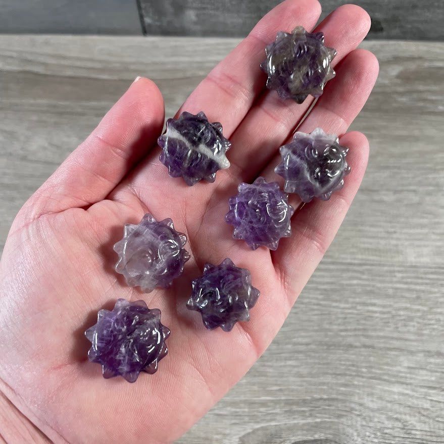 Amethyst sun face crystal figurines for celestial gemstone décor