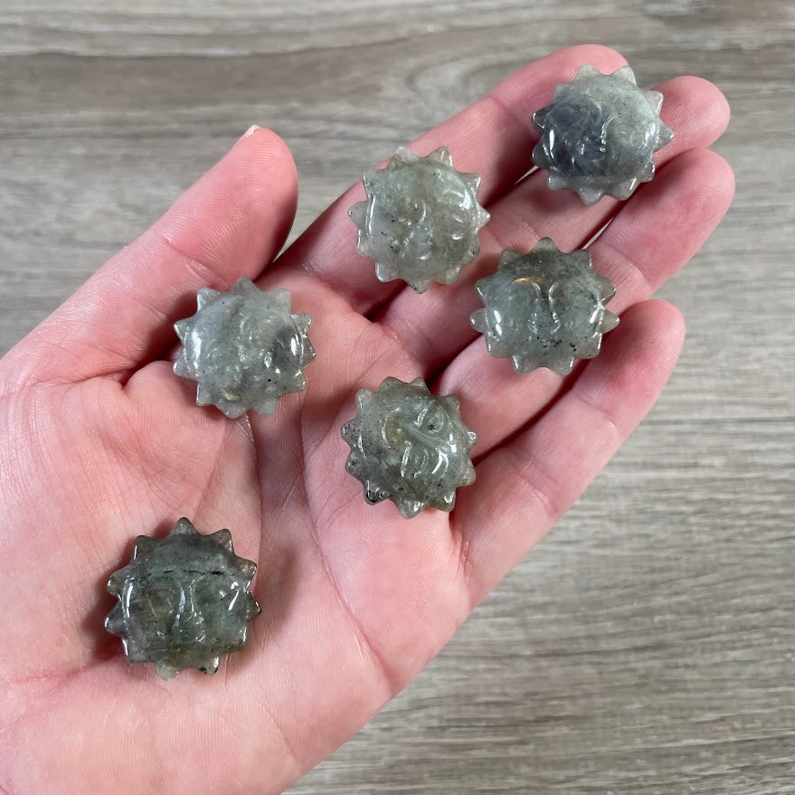 Labradorite carved sun face crystal figurine for celestial and astrology-inspired décor