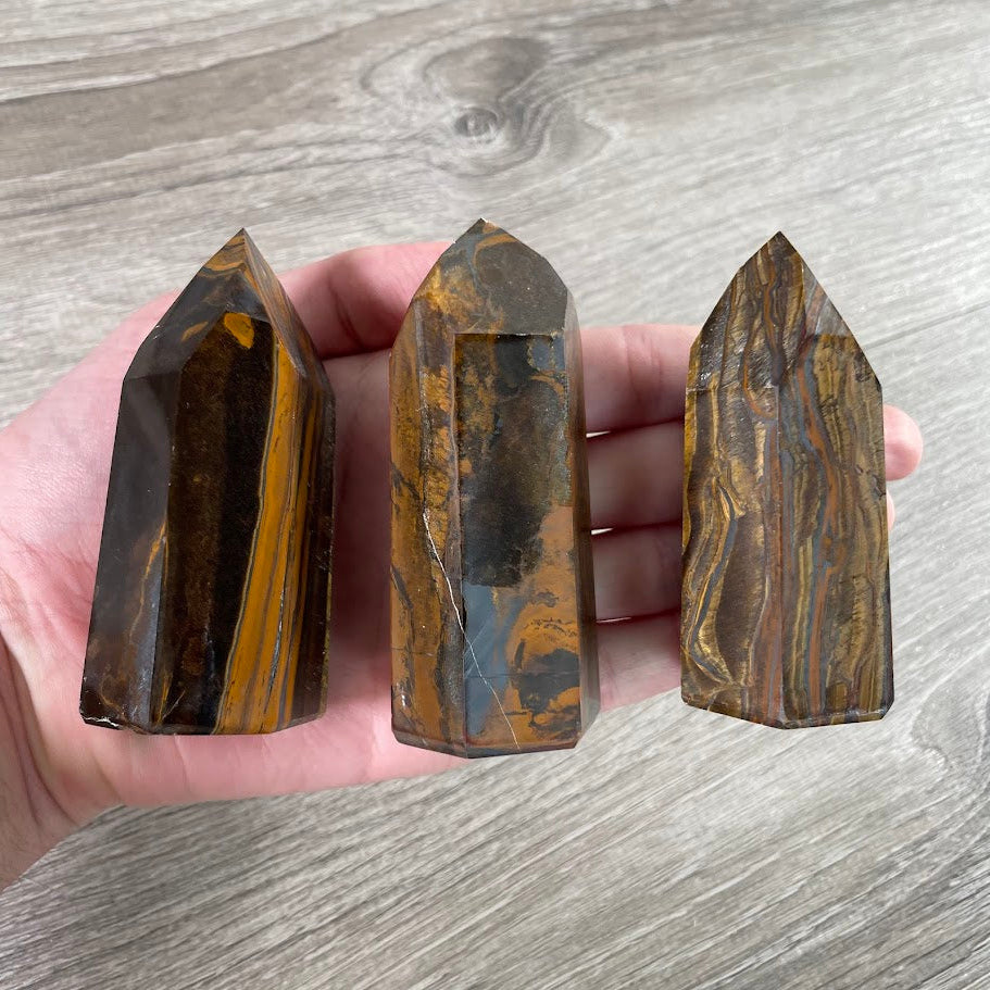 Tiger eye Brazilian crystal tower obelisks with natural color and pattern variations