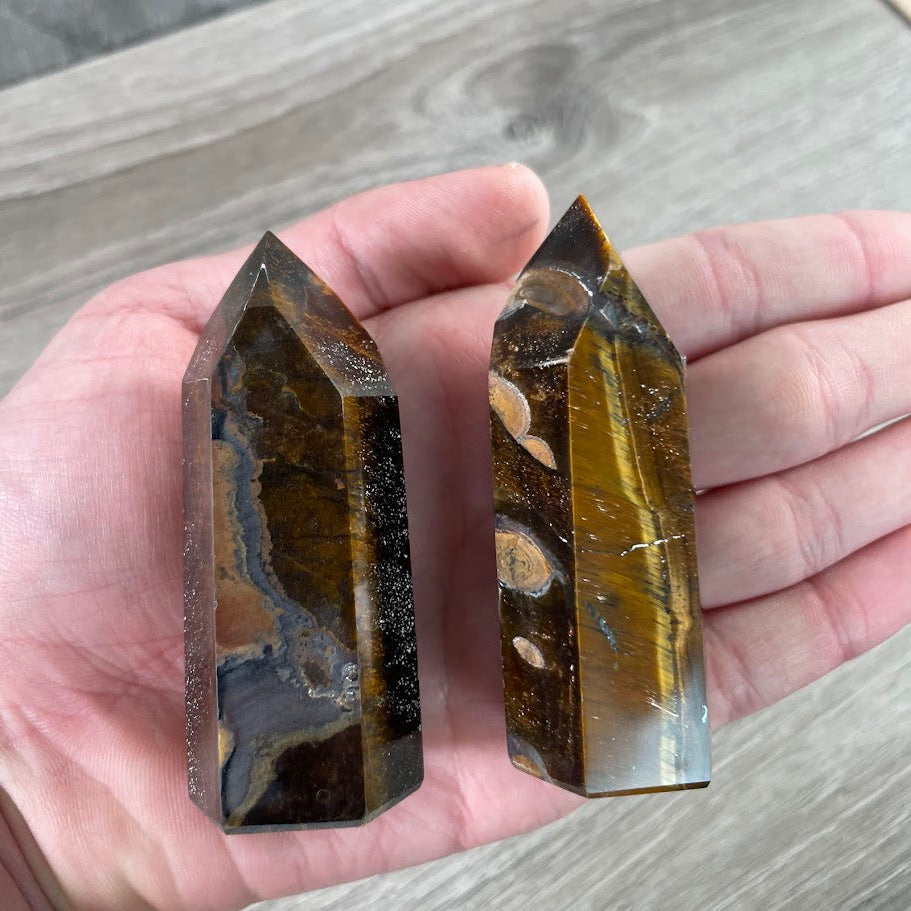 Tiger eye polished gemstone obelisks from Brazil for crystal shops and gift store displays
