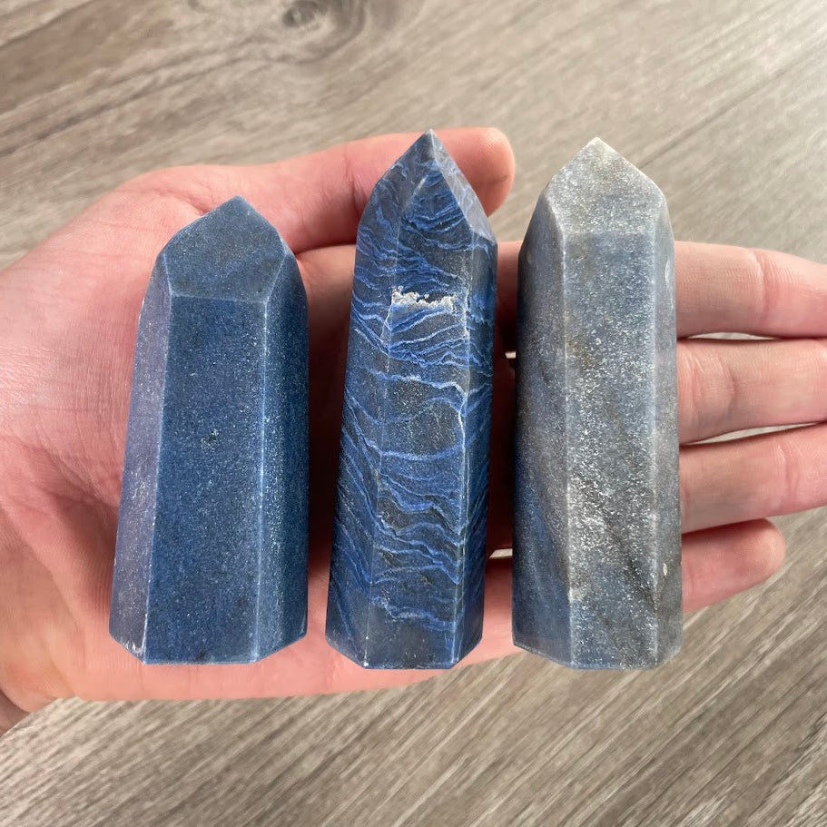 Blue Quartz polished gemstone obelisks from Brazil for crystal shops