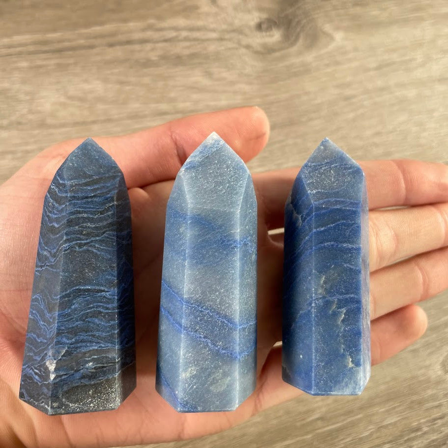 Blue Quartz Brazilian crystal tower obelisks with natural color and pattern variations retail supplier